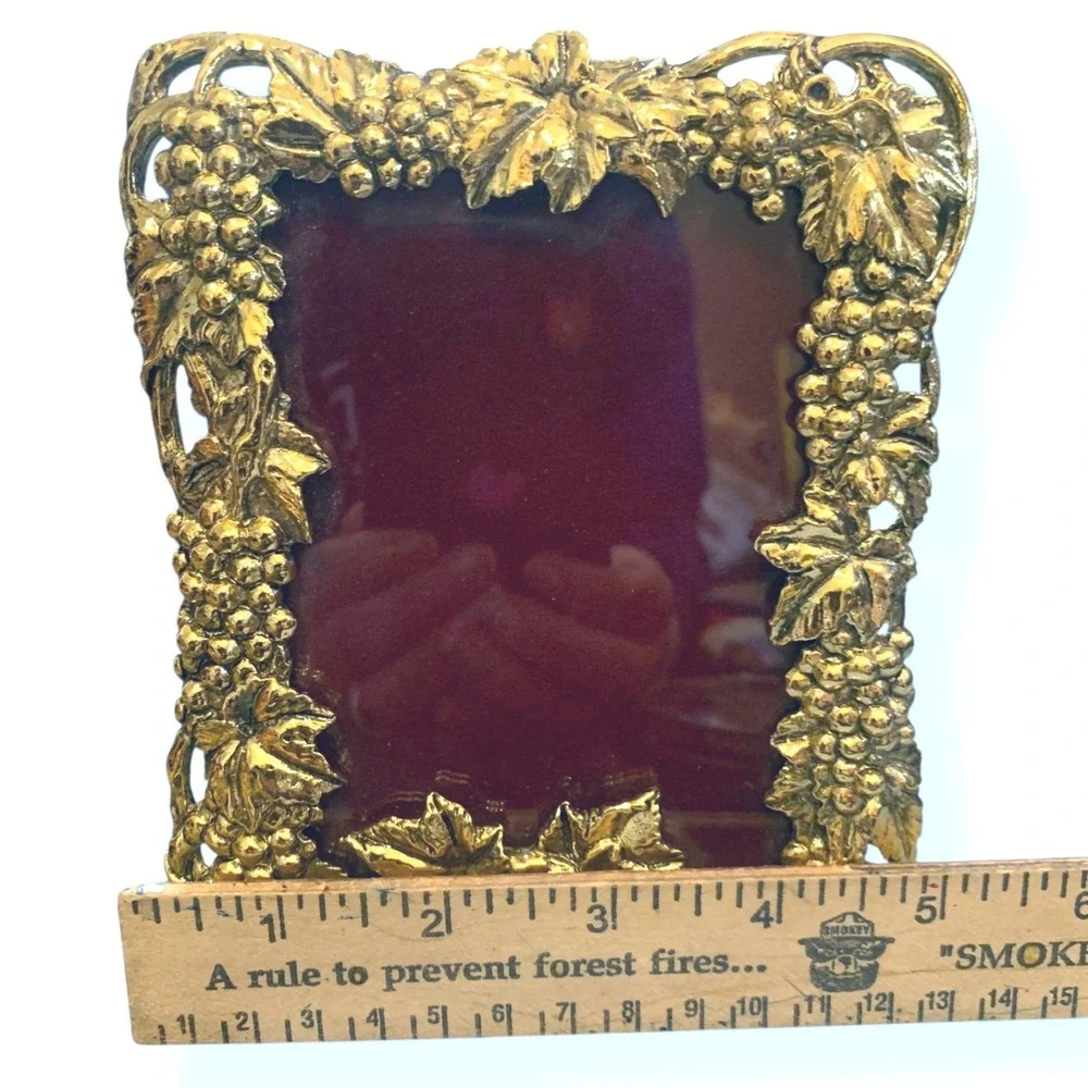 Picture Frame Brass Grape Leaf‎ Ornate Red Velvet Backing 5x7 MCM French Farm
